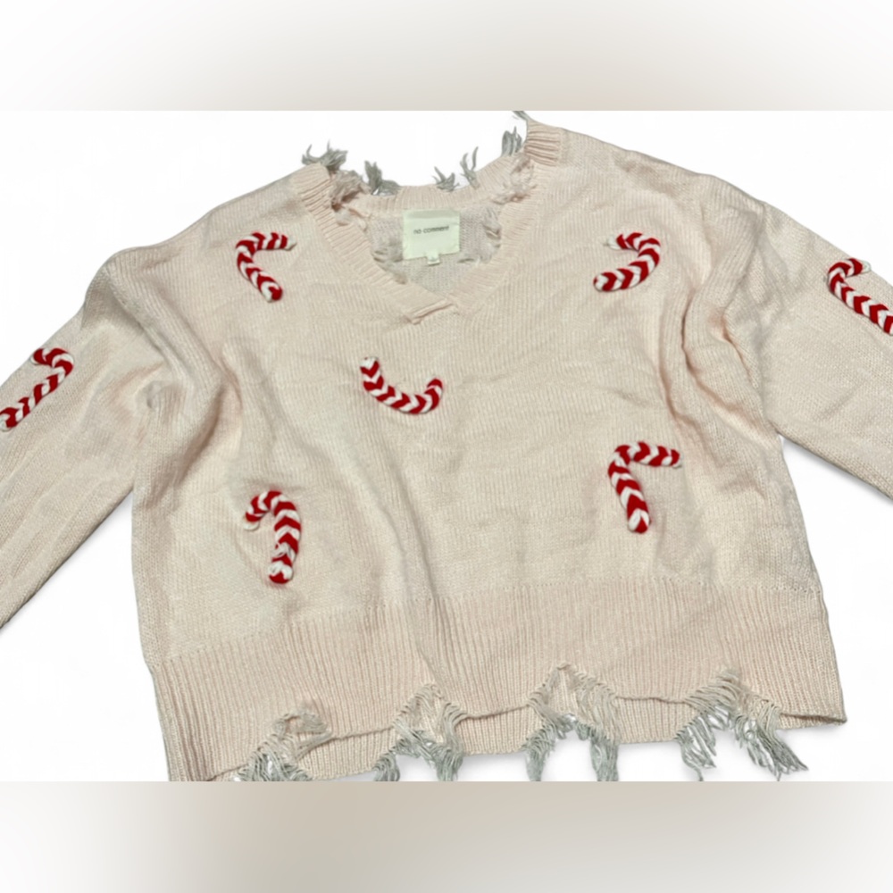 NO COMMENT DISTRESSED 3D CANDY CANE SWEATER - Picture 3 of 3
